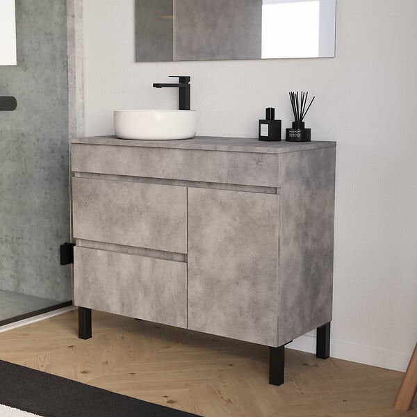 COSYNEO - Meuble de salle de bain 100cm avec plateau et vasque à poser ronde - porte et tiroirs - ciment (gris) - LAZARO - large