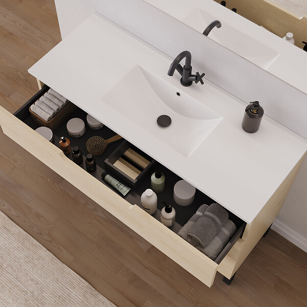 COSYNEO - Meuble de salle de bain 120cm simple vasque - 3 tiroirs - sans miroir - roble calima (bois clair) - RIZA - large