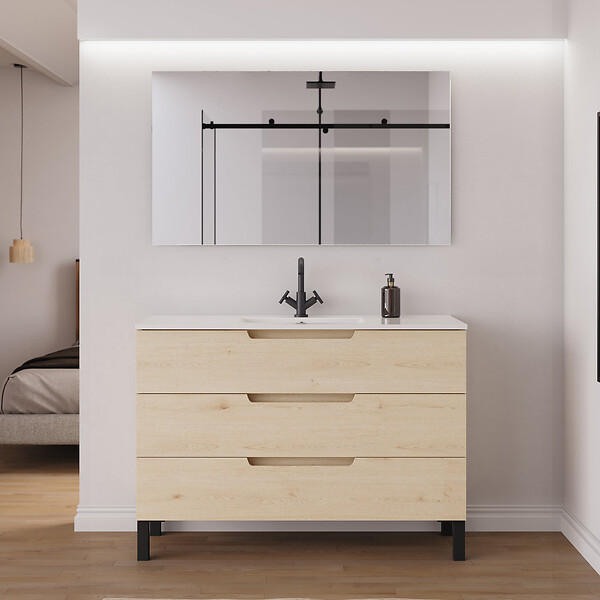 COSYNEO - Meuble de salle de bain 120cm simple vasque - 3 tiroirs - sans miroir - roble calima (bois clair) - RIZA - large