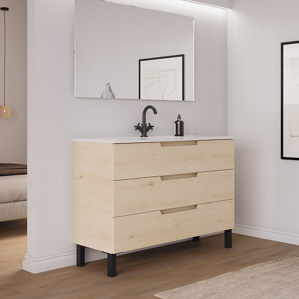COSYNEO - Meuble de salle de bain 120cm simple vasque - 3 tiroirs - sans miroir - roble calima (bois clair) - RIZA - large