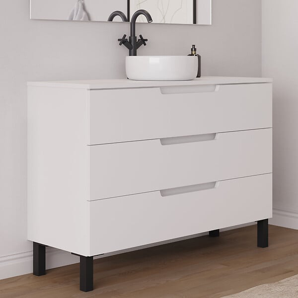 COSYNEO - Meuble de salle de bain 120cm avec plateau et vasque à poser ronde - 3 tiroirs - sans miroir - blanc mat - RIZA - large