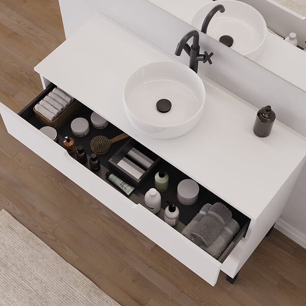 COSYNEO - Meuble de salle de bain 120cm avec plateau et vasque à poser ronde - 3 tiroirs - sans miroir - blanc mat - RIZA - large