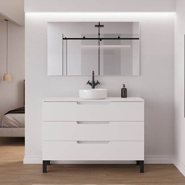COSYNEO - Meuble de salle de bain 120cm avec plateau et vasque à poser ronde - 3 tiroirs - sans miroir - blanc mat - RIZA - large