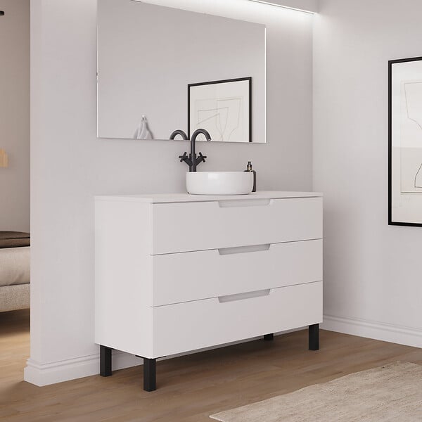 COSYNEO - Meuble de salle de bain 120cm avec plateau et vasque à poser ronde - 3 tiroirs - sans miroir - blanc mat - RIZA - large