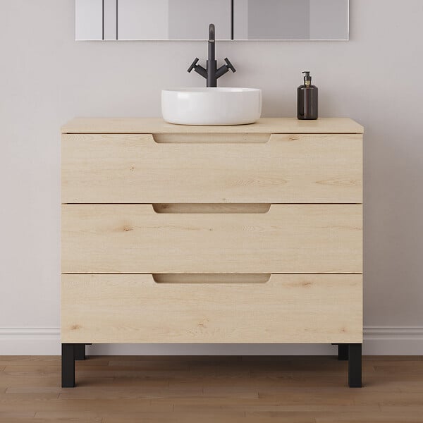 COSYNEO - Meuble de salle de bain 100cm avec plateau et vasque à poser ronde - 3 tiroirs - roble calima (bois clair) - RIZA - large