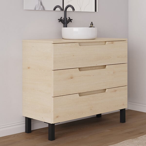 COSYNEO - Meuble de salle de bain 100cm avec plateau et vasque à poser ronde - 3 tiroirs - roble calima (bois clair) - RIZA - large