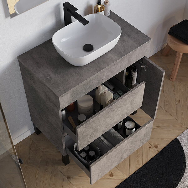 COSYNEO - Meuble de salle de bain 80cm avec plateau et vasque à poser arrondie - porte et tiroirs - sans miroir - ciment (gris) - LAZARO - large