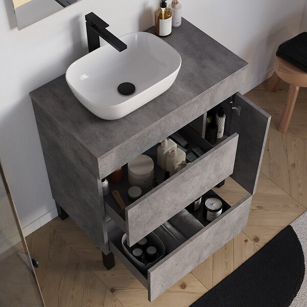 COSYNEO - Meuble de salle de bain 80cm avec plateau et vasque à poser arrondie - porte et tiroirs - sans miroir - ciment (gris) - LAZARO - large
