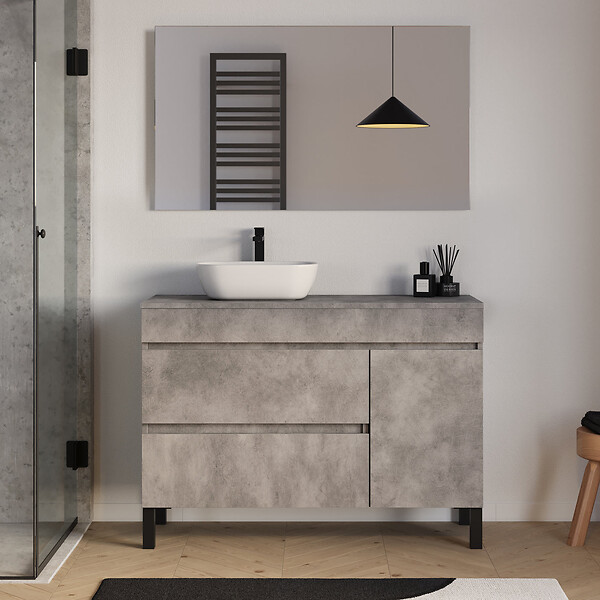 COSYNEO - Meuble de salle de bain 120cm avec plateau et vasque à poser arrondie - porte et tiroirs - ciment (gris) - LAZARO - large