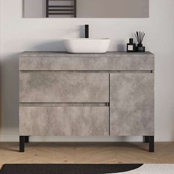 COSYNEO - Meuble de salle de bain 120cm avec plateau et vasque à poser arrondie - porte et tiroirs - ciment (gris) - LAZARO - large