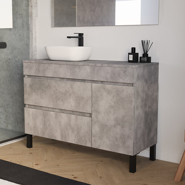 COSYNEO - Meuble de salle de bain 120cm avec plateau et vasque à poser arrondie - porte et tiroirs - ciment (gris) - LAZARO - large