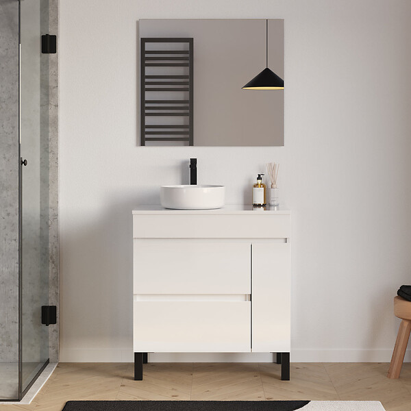COSYNEO - Meuble de salle de bain 70cm avec plateau et vasque à poser ronde - porte et tiroirs - blanc brillant - LAZARO - large