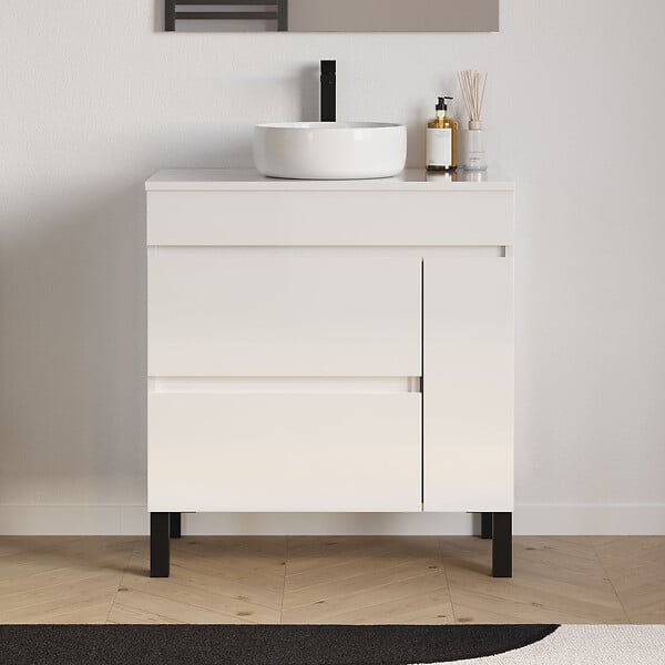 COSYNEO - Meuble de salle de bain 70cm avec plateau et vasque à poser ronde - porte et tiroirs - blanc brillant - LAZARO - large