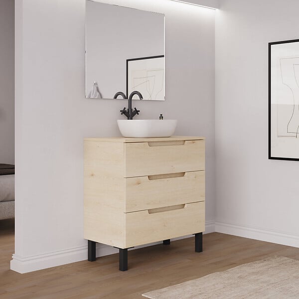 COSYNEO - Meuble de salle de bain 70cm avec plateau et vasque à poser arrondie - 3 tiroirs - roble calima (bois clair) - RIZA - large