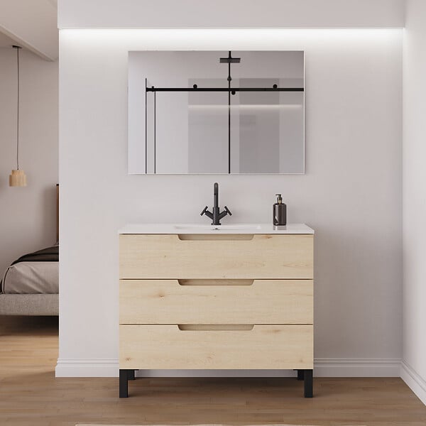 COSYNEO - Meuble de salle de bain 90cm simple vasque - 3 tiroirs - sans miroir - roble calima (bois clair) - RIZA - large