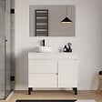 COSYNEO - Meuble de salle de bain 100cm avec plateau et vasque à poser ronde - porte et tiroirs - blanc brillant - LAZARO - vignette