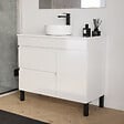 COSYNEO - Meuble de salle de bain 100cm avec plateau et vasque à poser ronde - porte et tiroirs - blanc brillant - LAZARO - vignette