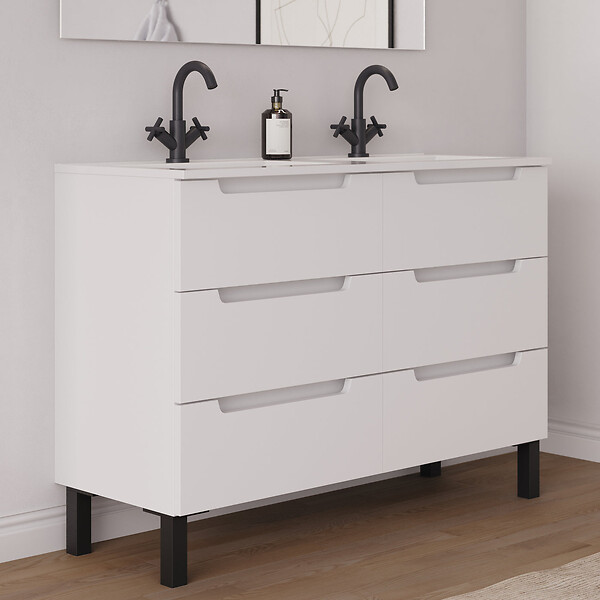 COSYNEO - Meuble de salle de bain 120cm double vasque - 6 tiroirs - blanc mat - RIZA - large