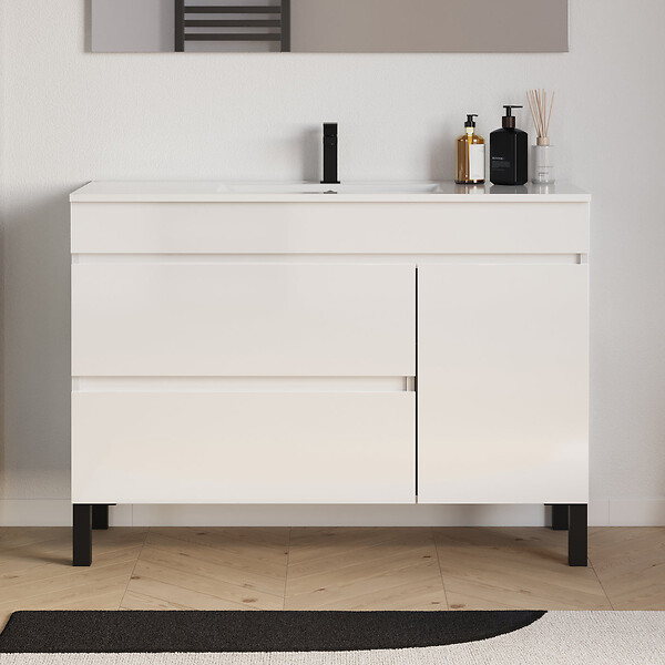 COSYNEO - Meuble de salle de bain 120cm simple vasque sur pieds avec porte et tiroirs - blanc brillant - LAZARO - large