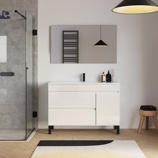 COSYNEO - Meuble de salle de bain 120cm simple vasque sur pieds avec porte et tiroirs - blanc brillant - LAZARO - large