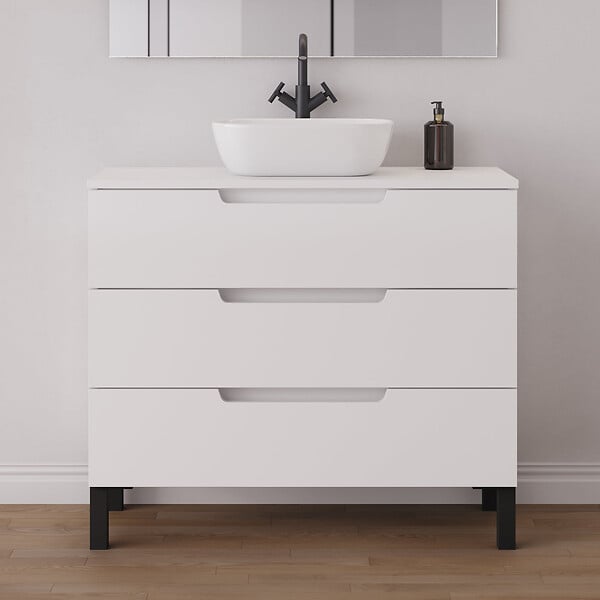 COSYNEO - Meuble de salle de bain 100cm avec plateau et vasque à poser arrondie - 3 tiroirs - blanc mat - RIZA - large