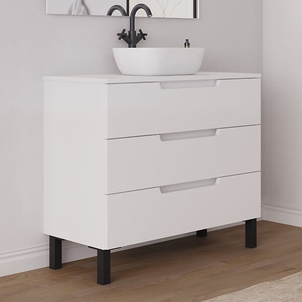 COSYNEO - Meuble de salle de bain 100cm avec plateau et vasque à poser arrondie - 3 tiroirs - blanc mat - RIZA - large