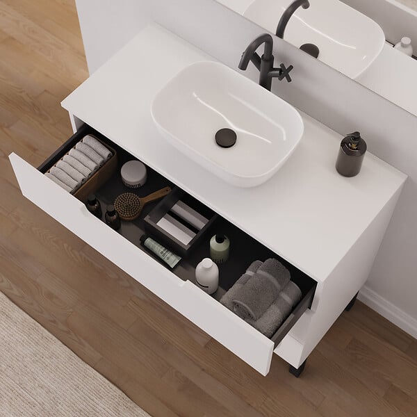 COSYNEO - Meuble de salle de bain 100cm avec plateau et vasque à poser arrondie - 3 tiroirs - blanc mat - RIZA - large