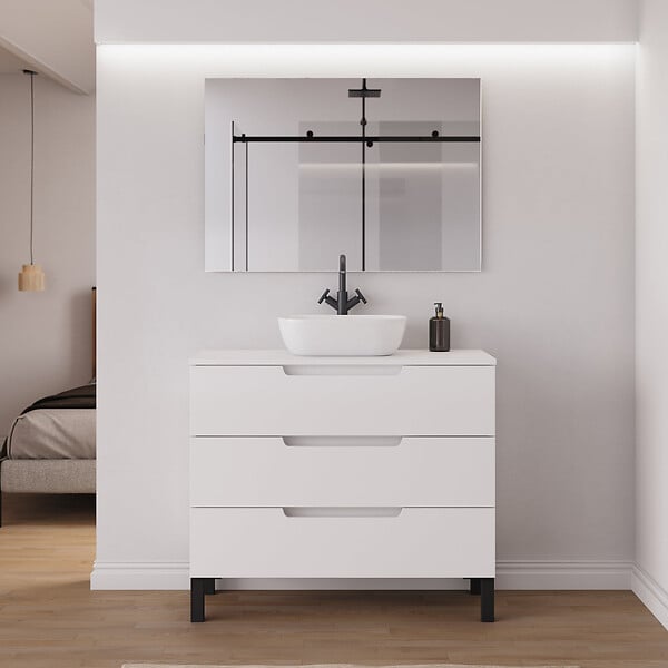 COSYNEO - Meuble de salle de bain 100cm avec plateau et vasque à poser arrondie - 3 tiroirs - blanc mat - RIZA - large