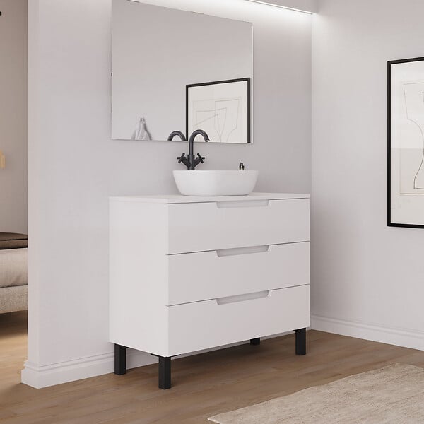 COSYNEO - Meuble de salle de bain 100cm avec plateau et vasque à poser arrondie - 3 tiroirs - blanc mat - RIZA - large
