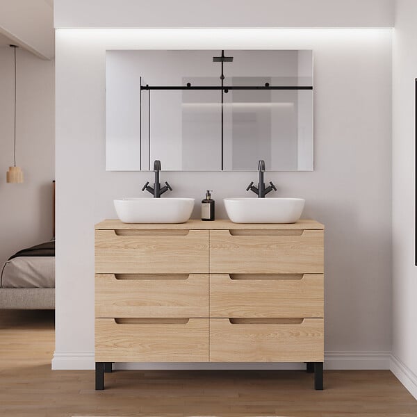 COSYNEO - Meuble de salle de bain 140cm avec plateau et 2 vasques à poser arrondies - 6 tiroirs - sans miroir - roble era (chêne clair) - RIZA - large