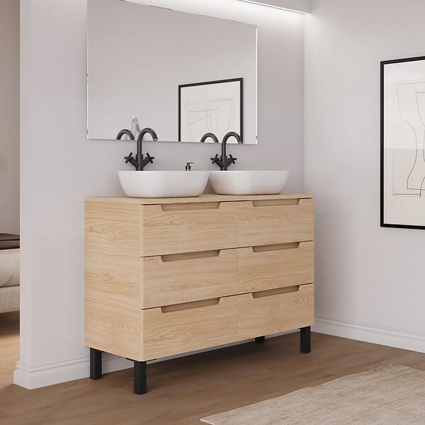 COSYNEO - Meuble de salle de bain 140cm avec plateau et 2 vasques à poser arrondies - 6 tiroirs - sans miroir - roble era (chêne clair) - RIZA - large