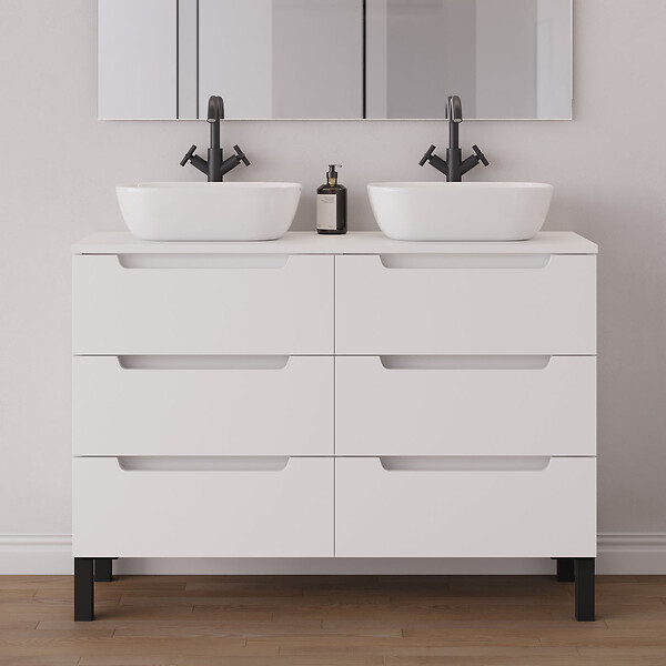 COSYNEO - Meuble de salle de bain 120cm avec plateau et 2 vasques à poser arrondies - 6 tiroirs - blanc mat - RIZA - large