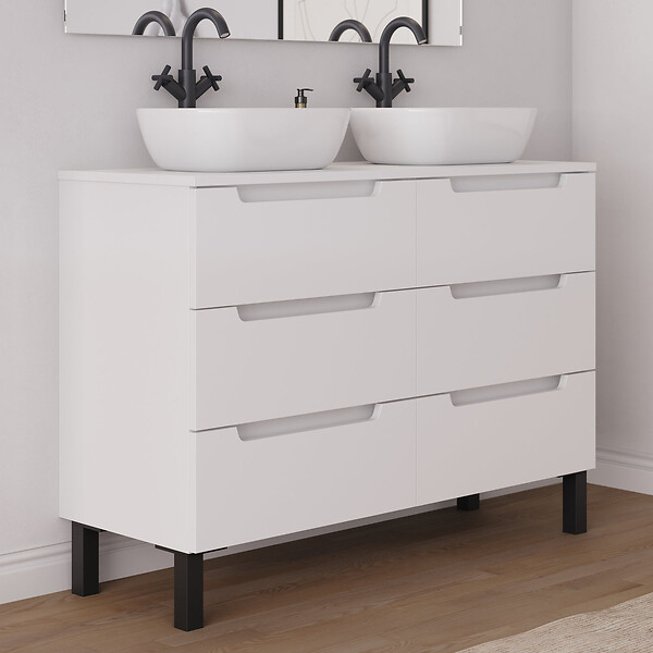 COSYNEO - Meuble de salle de bain 120cm avec plateau et 2 vasques à poser arrondies - 6 tiroirs - blanc mat - RIZA - large