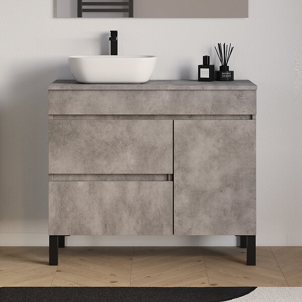 COSYNEO - Meuble de salle de bain 90cm avec plateau et vasque à poser arrondie - porte et tiroirs - sans miroir - ciment (gris) - LAZARO - large