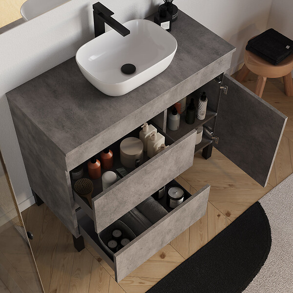 COSYNEO - Meuble de salle de bain 90cm avec plateau et vasque à poser arrondie - porte et tiroirs - sans miroir - ciment (gris) - LAZARO - large