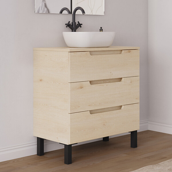 COSYNEO - Meuble de salle de bain 70cm avec plateau et vasque à poser arrondie - sans miroir - 3 tiroirs - roble calima (bois clair) - RIZA - large