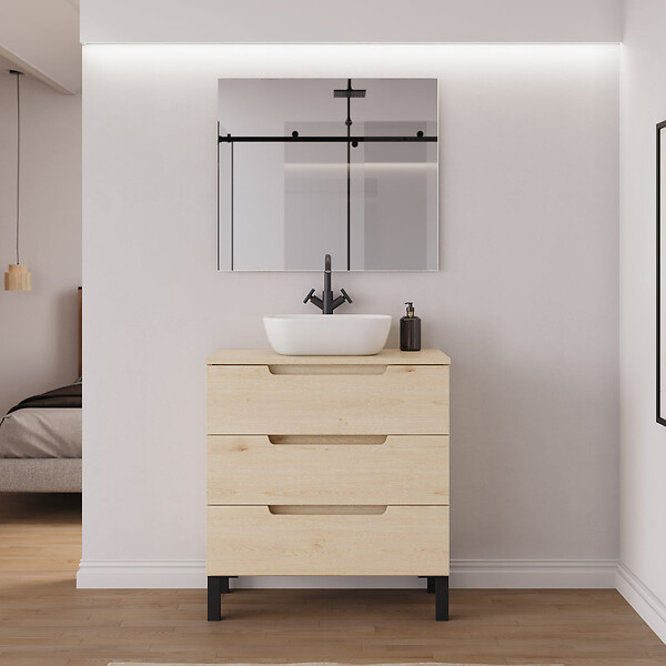 COSYNEO - Meuble de salle de bain 70cm avec plateau et vasque à poser arrondie - sans miroir - 3 tiroirs - roble calima (bois clair) - RIZA - large