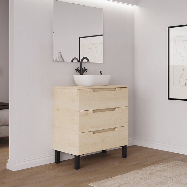 COSYNEO - Meuble de salle de bain 70cm avec plateau et vasque à poser arrondie - sans miroir - 3 tiroirs - roble calima (bois clair) - RIZA - large