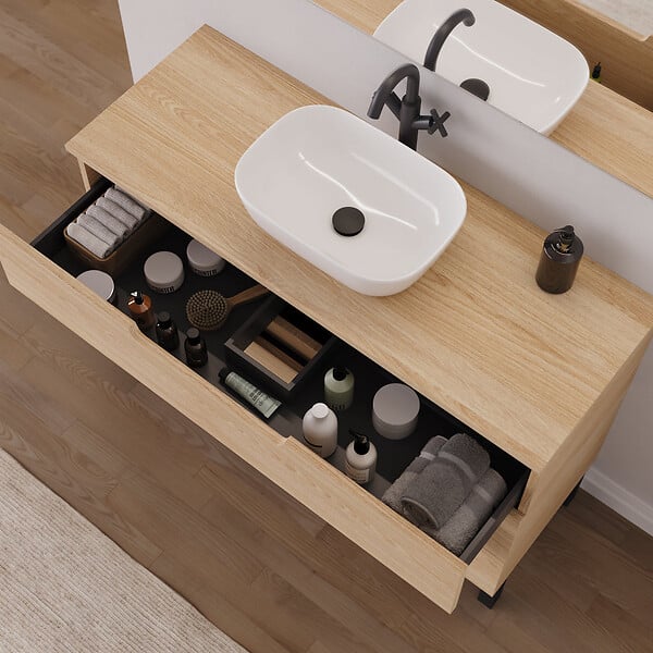 COSYNEO - Meuble de salle de bain 120cm avec plateau et vasque à poser arrondie - 3 tiroirs - sans miroir - roble era (chêne clair) - RIZA - large