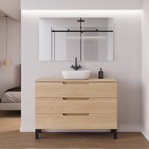 COSYNEO - Meuble de salle de bain 120cm avec plateau et vasque à poser arrondie - 3 tiroirs - sans miroir - roble era (chêne clair) - RIZA - large