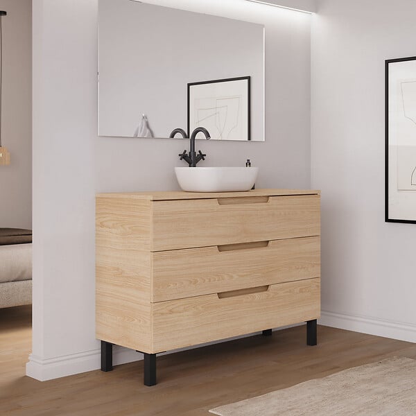 COSYNEO - Meuble de salle de bain 120cm avec plateau et vasque à poser arrondie - 3 tiroirs - sans miroir - roble era (chêne clair) - RIZA - large