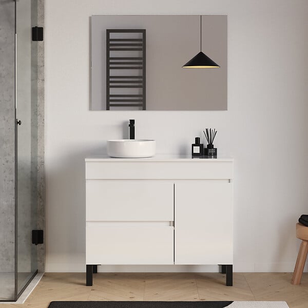 COSYNEO - Meuble de salle de bain 90cm avec plateau et vasque à poser ronde - porte et tiroirs - blanc brillant - LAZARO - large
