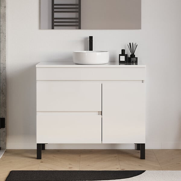 COSYNEO - Meuble de salle de bain 90cm avec plateau et vasque à poser ronde - porte et tiroirs - blanc brillant - LAZARO - large
