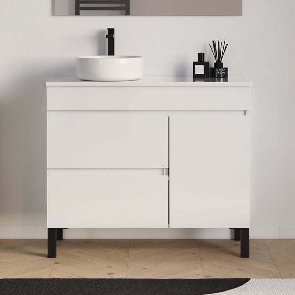 COSYNEO - Meuble de salle de bain 90cm avec plateau et vasque à poser ronde - porte et tiroirs - blanc brillant - LAZARO - large