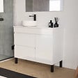 COSYNEO - Meuble de salle de bain 90cm avec plateau et vasque à poser ronde - porte et tiroirs - blanc brillant - LAZARO - vignette