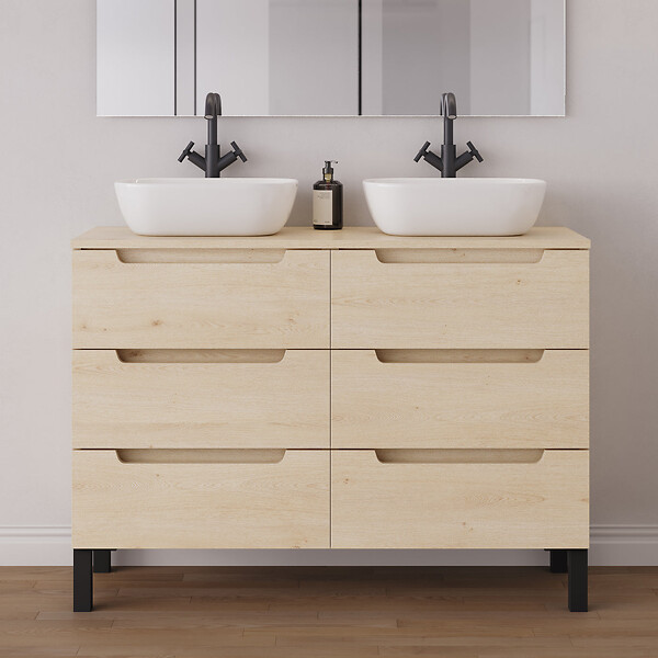 COSYNEO - Meuble de salle de bain 120cm avec plateau et 2 vasques à poser arrondies - 6 tiroirs - roble calima (bois clair) - RIZA - large