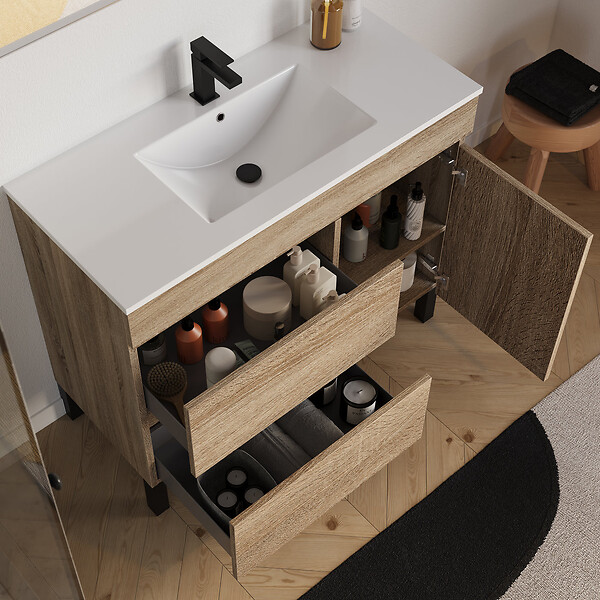 COSYNEO - Meuble de salle de bain 100cm simple vasque sur pieds avec porte et tiroirs - cambrian (chêne clair) - LAZARO - large