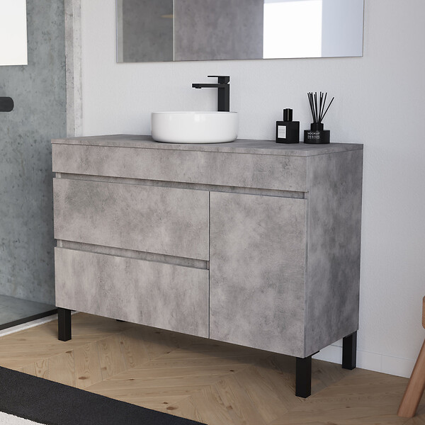 COSYNEO - Meuble de salle de bain 120cm avec plateau et vasque à poser ronde - porte et tiroirs - sans miroir - ciment (gris) - LAZARO - large
