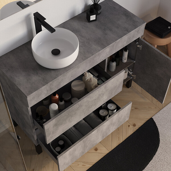 COSYNEO - Meuble de salle de bain 120cm avec plateau et vasque à poser ronde - porte et tiroirs - sans miroir - ciment (gris) - LAZARO - large