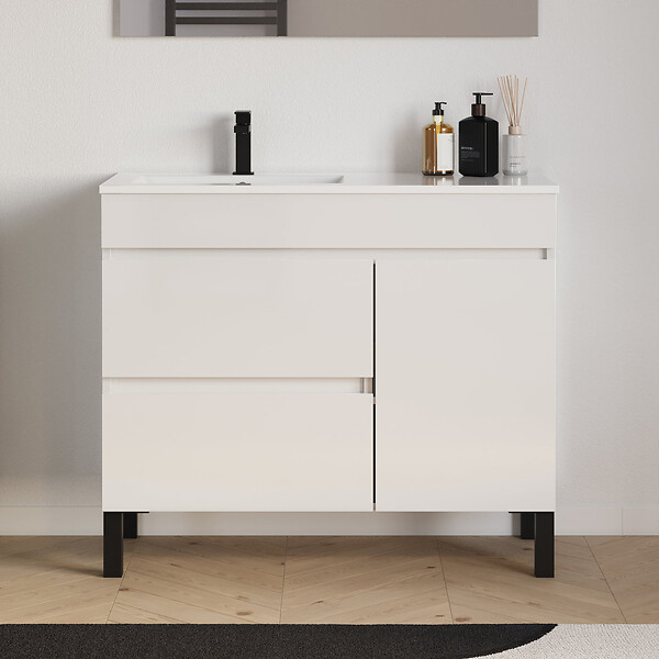 COSYNEO - Meuble de salle de bain 100cm sur pieds avec vasque déportée à gauche avec porte et tiroirs - blanc brillant - LAZARO - large